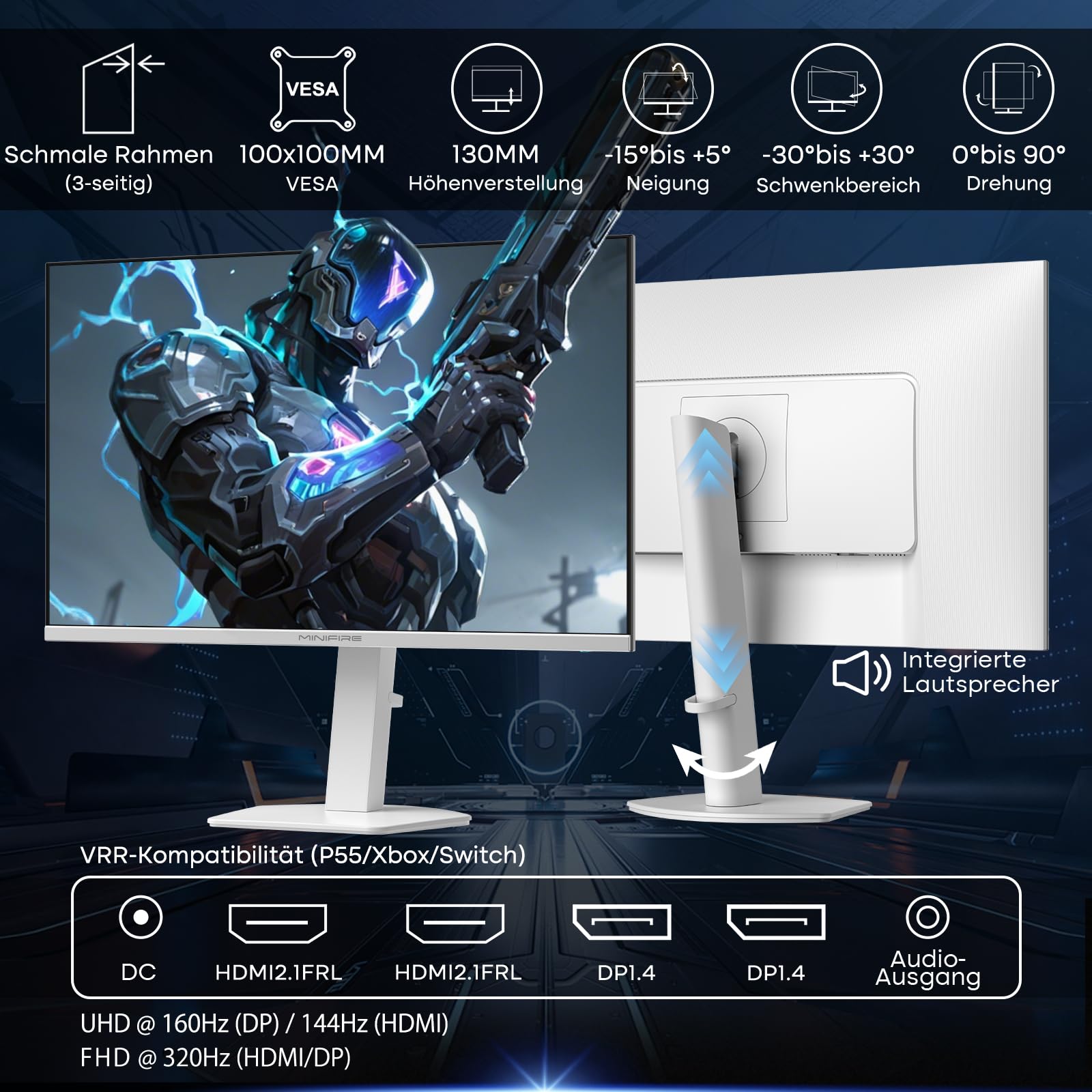 Minifire Monitor 27 Zoll, Gaming Monitor 4K:Dual-Modus (UHD 160Hz / FHD 320Hz), 1ms, HDR 400, IPS, Adaptive Sync, Höhenverstellbar, HDMI 2.1, DP 1.4, Lautsprecher, Pip/PBP (MFG27D1U) 6