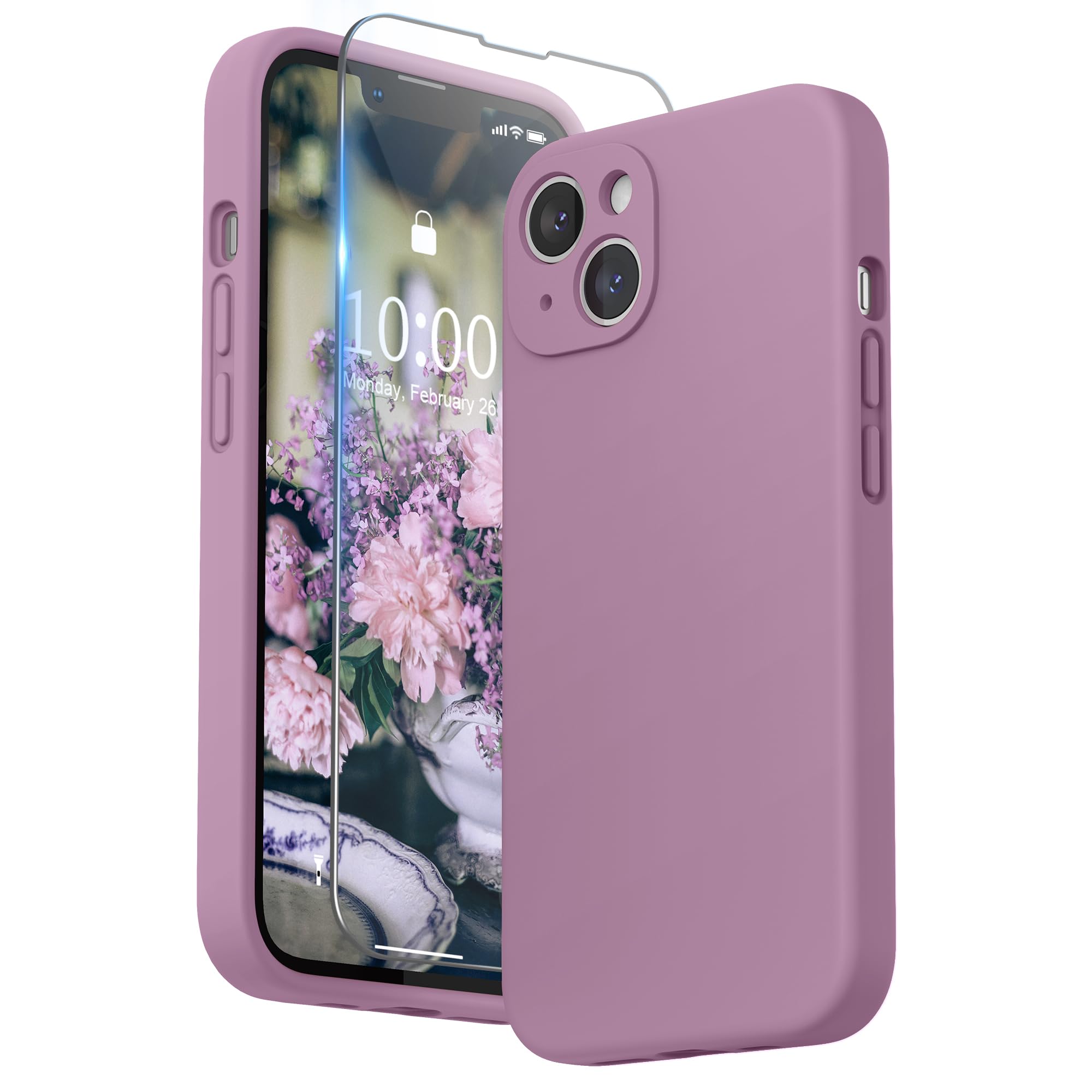 SURPHY Compatible with iPhone 13 Case with Screen Protector, Liquid Silicone Protection for Each Lens Shockproof Thickened Rubber Cover for iPhone 13 6.1 inch 2021, Lilac Purple — image 1