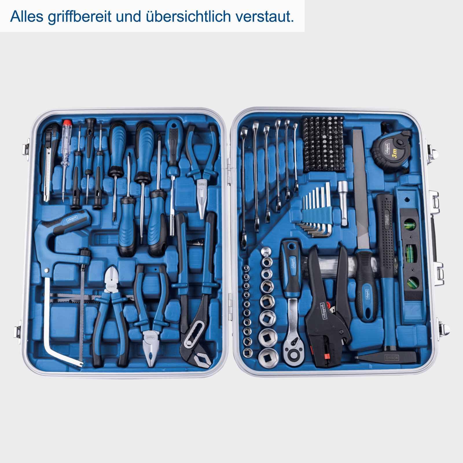 Scheppach TB173 Werkzeugkoffer gefüllt 173-tlg Werkzeug Set | Werkstattkoffer bestückt mit Abisolierzange, Schraubenschlüssel, Hammer, Schraubenzieher, Säge, Werkzeugkiste für Werkstatt und Haushalt 3