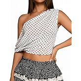 AKLOPVII Women Y2k One Off Shoulder Polka Dot Crop Tank Tops Vintage Sleeveless Layered Asymmetric Neck Sheer Mesh Camisole