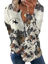 TIAFORD Women's Half Zip Cow Print Sweatshirt Long
