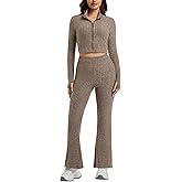 Juivesia Womens 2 Piece Ribbed Knit Lounge Set Zip Up Crop Top High Waisted Flare Pants Cozy Fall Winter Matching Outfits