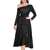 Bbonlinedress Plus Size Black Cocktail Dress for Women, Fall Formal Wedding Guest Christmas Party Dress One Shoulder Long Sleeve Vintage Prom Wear Glitter Sparkly Dresses Black XL