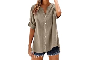Summer Tops for Women Trendy 2026 Short Sleeve Cotton Linen Shirts V Neck Button Tunic Blouses Casual Spring Tees Plus Size