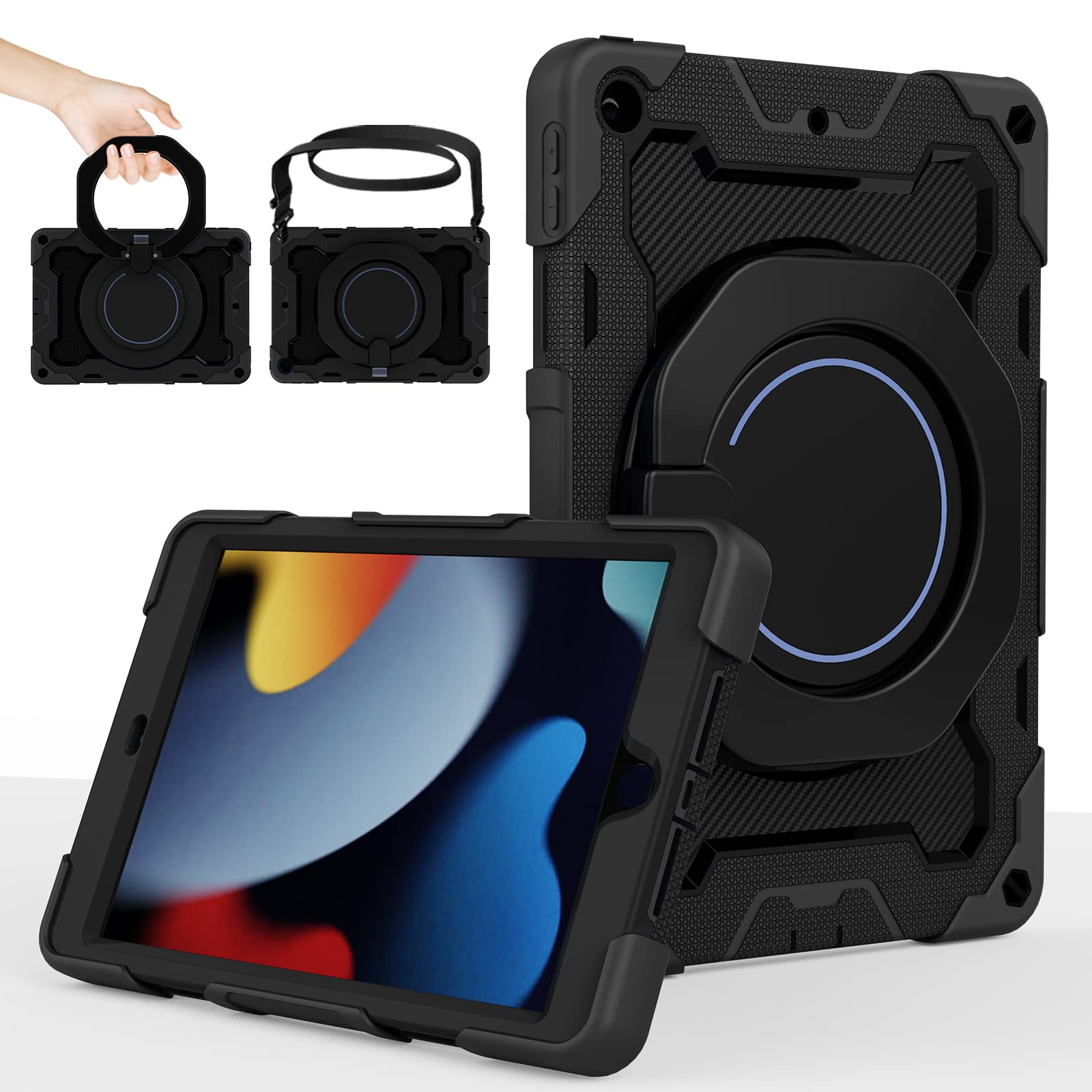 ROISKIN Kids Case for iPad 9th 8th 7th Generation 10.2 Inch (2021/2020/2019),Heavy Duty Shockproof Cover with Screen Protector & Rotating Stand & Shoulder Strap & Pencil Holder,Black — image 1