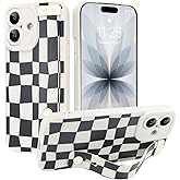 SOKAD for iPhone 17 Case with Wrist Strap Kickstand, Cute Checkered Phone Case for Women Men with Finger Strap, Slim Soft Silicone Full Camera Protection Cover, Black & White