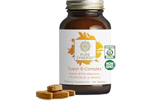 PURE SYNERGY Super B-Complex | Vitamin B Complex Made with Organic Whole Foods | Vegan Supplement with Natural Vitamin B12, Niacin, and Folate | for Energy, Focus and Mood Support (60 Tablets)