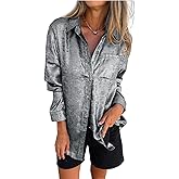 Gihuo Womens' Metallic Button Down Shirts Long Sleeve Sparkly Blouse Shiny Glitter Party Tops Disco Outfits