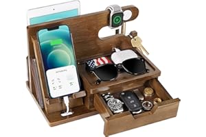 FUNISTREE Fathers Day Dad Gifts from Daughter Son Wife, Wood Phone Docking Station with Drawer, Birthday Anniversary Men Him Husband Boyfriend Gifts from Girlfriend, Mens Nightstand Organizer Presents Ideas