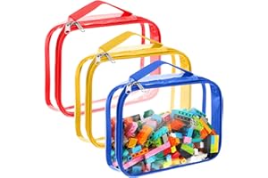 Sanwuta 3 Packs Toy Storage Bags with Zipper, Clear PVC Organizing Waterproof Toy Bags for Board Games, Building Blocks, and Kids Books(12.6 x 9 x 2.36 Inch,Red, Blue, Yellow)