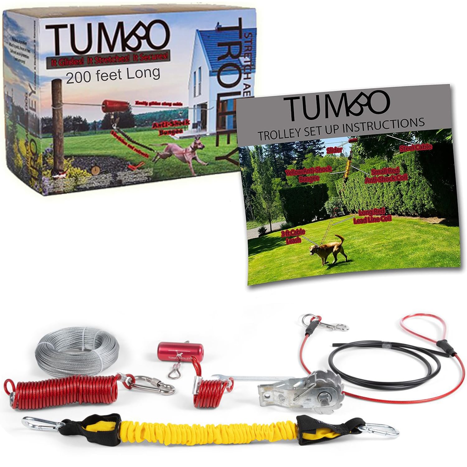 Tumbo Trolley 200ft - Anti-Shock Aerial Dog Runner for Yard Small and Large Breeds - Heavy Duty Dogs Gear - Best Dog Run and Zipline for Backyards - Trolley System Camping - 100ft / 150ft / 200ft