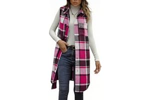 Women's Mid-Length Vest Cardigan Fashion Plaid Printed Sleeveless Button up Lapel Lightweight Woolen Shirt Jackets