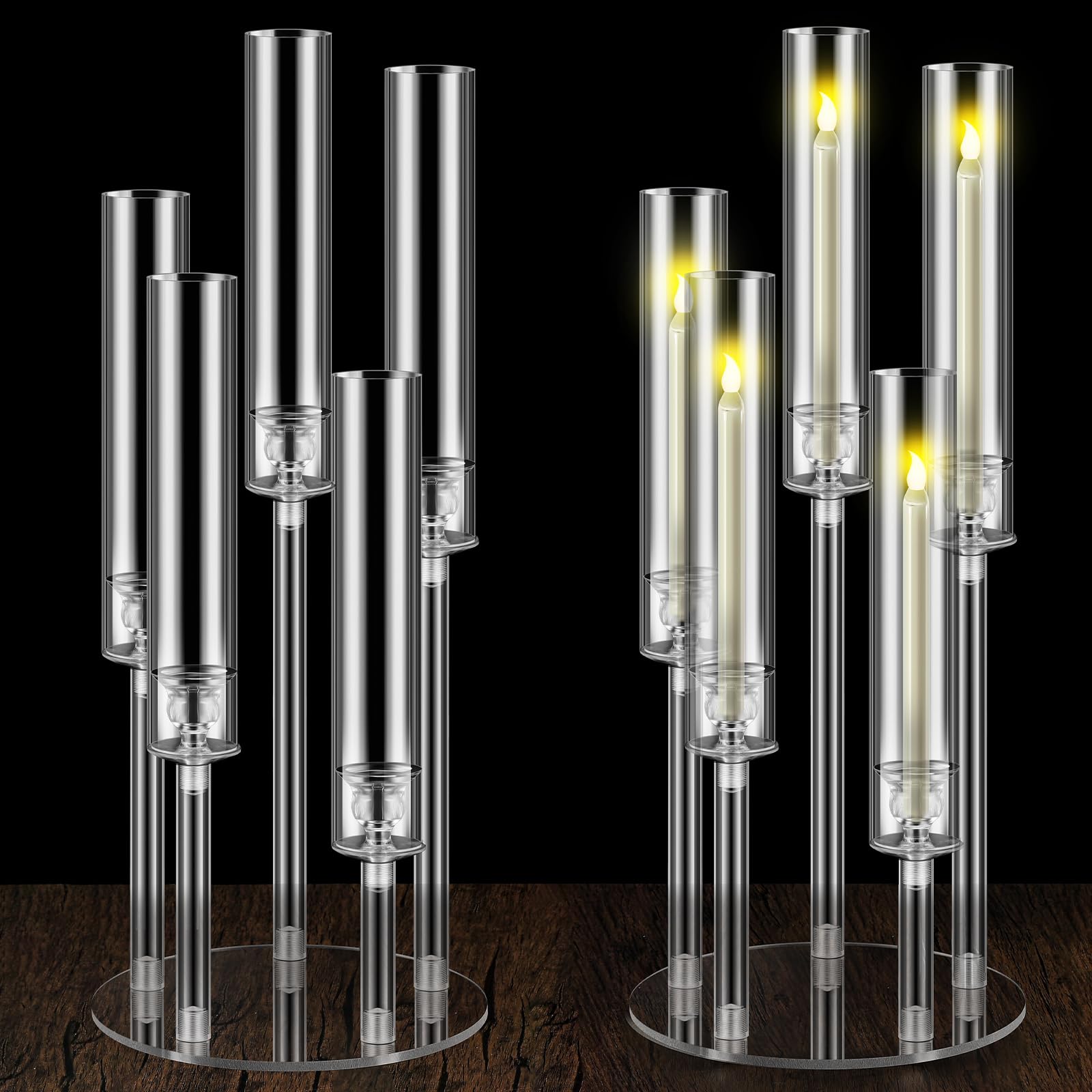 Photo 1 of Dandat 2 Pack 5 Arms Acrylic Candelabra Candle Holder Clear Candelabra Centerpieces for Wedding, Crystal Candlesticks Pillar Taper Candlesticks for Living Room Dinner Table Decoration Fit LED Candle