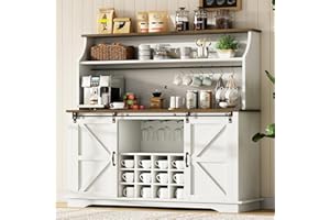 REVOMINCA 55 Inch Farmhouse Coffee Bar Cabinet with 3-Tier Enclosed Storage Cabinet, Kitchen Hutch with 12 Wine Racks & 3 Glass Holders, Coffee Bar with 6 Hooks, Wood Furniture for Dining Living Room, White