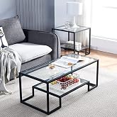 Black Metal Glass Coffee Table - Simple Center Coffee Table for Living Room Home, Metal Frame Coffee Table with 2 Shelves,Modern Table for Bedroom, Dinning Room,Office Decor