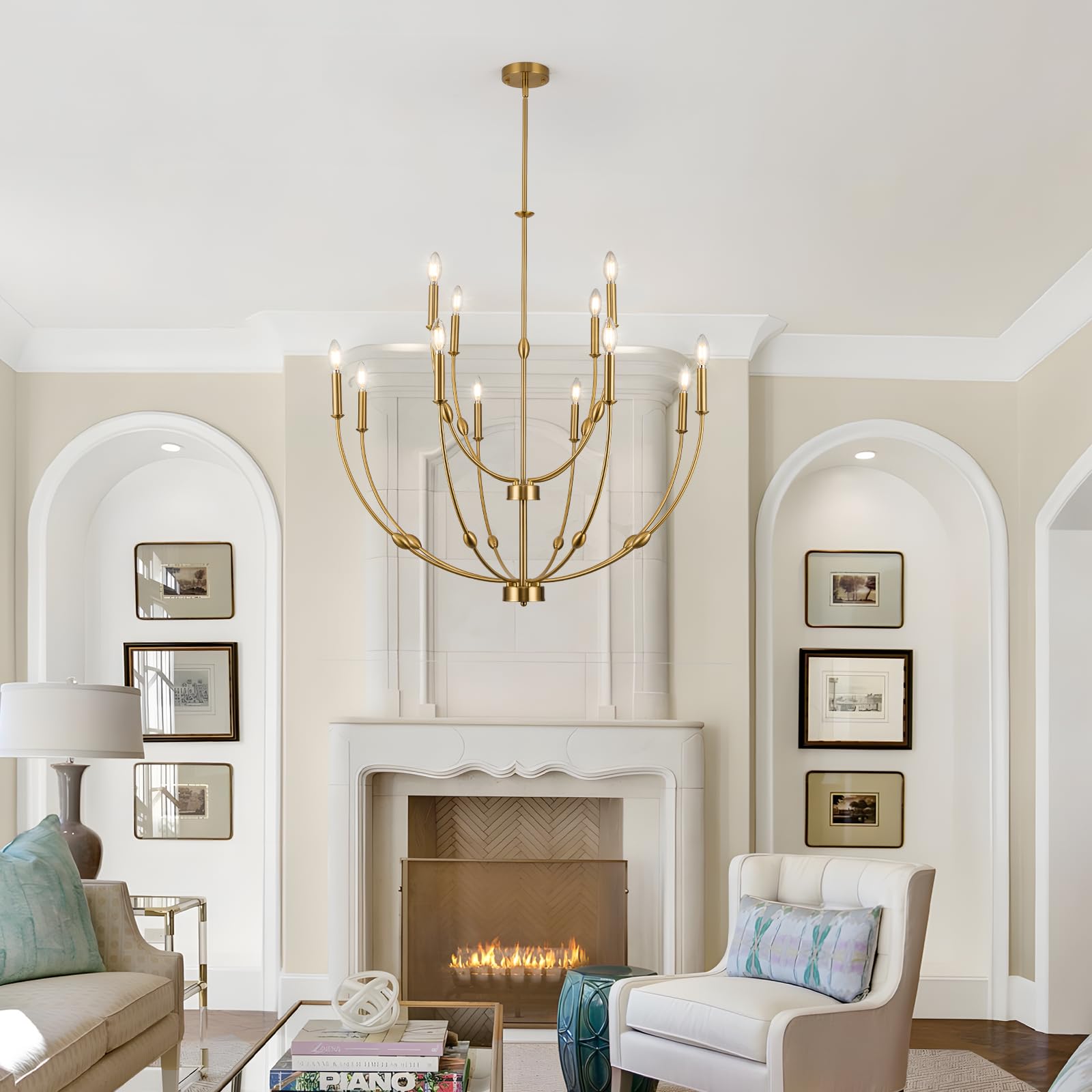 Photo 1 of ACANER 35" Large Brushed Gold Chandelier, 2-Tier Modern Candle Style Dining Room Light Fixture, 12-Lights Rustic Brass Chandelier for High Ceiling Entryway Living Room