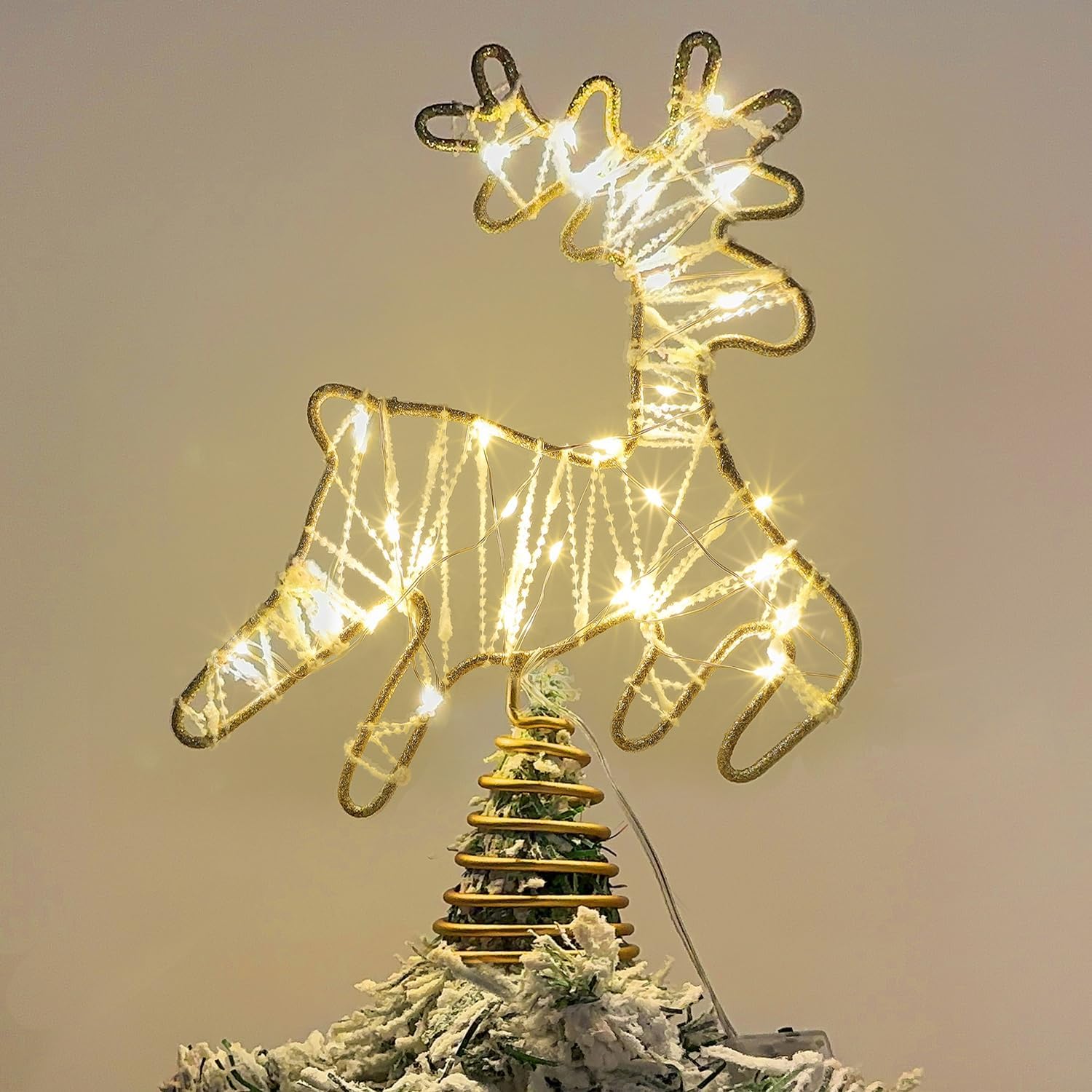 Tree Toppers - Juegoal Lighted Reindeer Christmas Tree Topper, Metal Xmas Glitter Elk Treetop Ornaments with 30 LED Warm White Lights, Battery Powered Light up 2D Deer Christmas Tree Decorations, Golden
