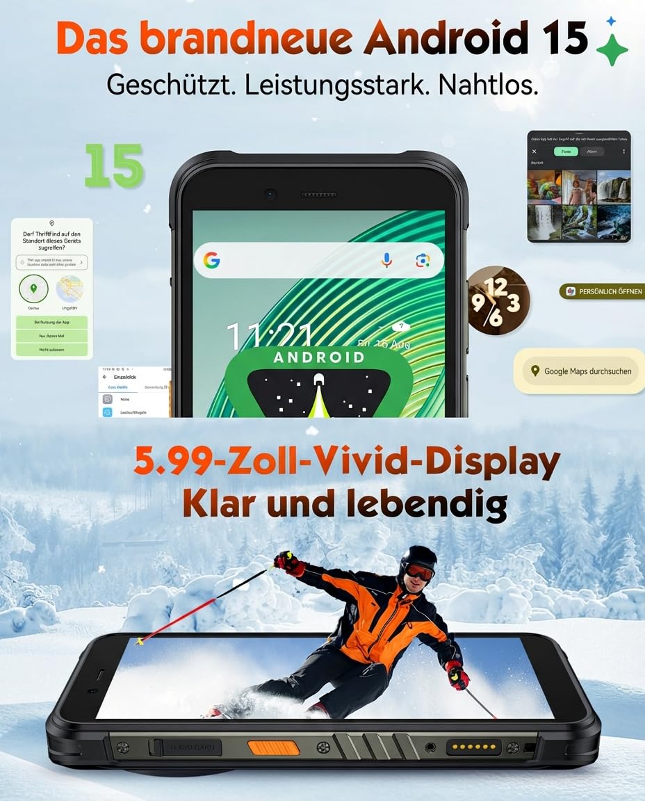 Ulefone RugKing Outdoor Smartphone Android 15, 16GB+256GB/2TB, 9600 mAh IP68&IP69K Baustellen Handy, 50MP Kamera, 128dB Lautsprecher, 5,99" Display, AI Outdoor Handy, 4G Dual SIM/OTG/NFC/GPS 7