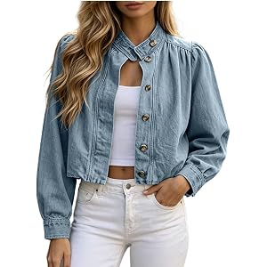 Cropped Jean Jacket for Women Lightweight 2026 Summer Fall | Womens Denim Jacket Button Down Long Sleeve Mock Neck Casual Coa