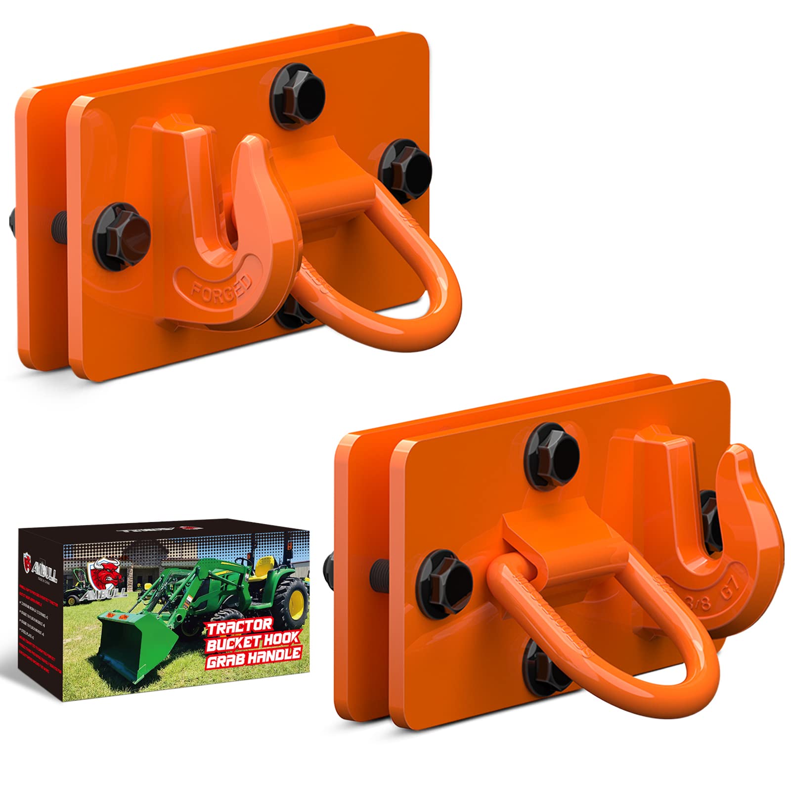 Photo 1 of AMBULL 2 Pack Tractor Bucket Hooks with Tie Down Ring, Grade 70 Forged Steel Bolt On Grab Hook Tow Hook Mount with Backer Plate, Work Well for Tractor Bucket, RV, UTV, Truck, Max 15,000 lbs Orange