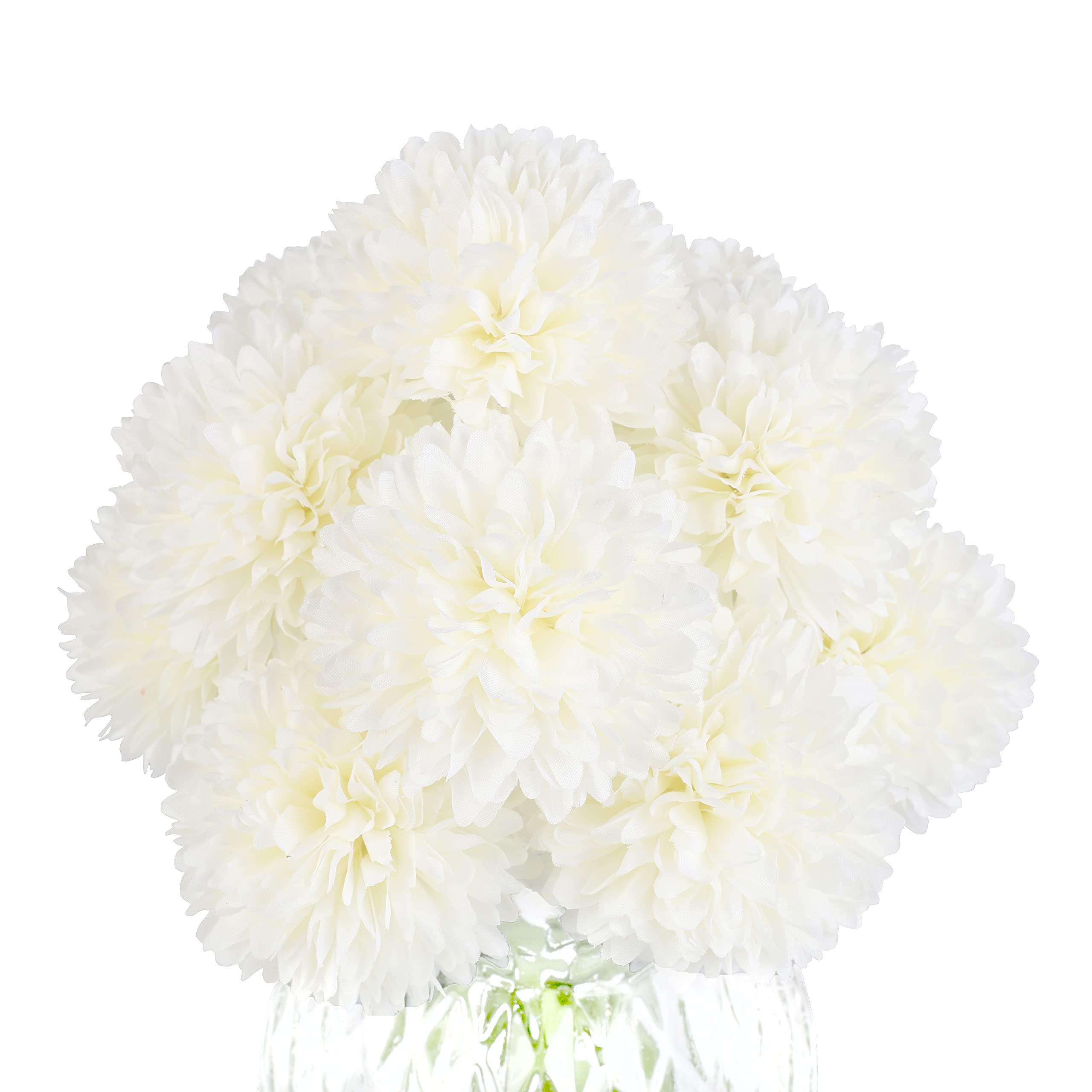 Jim's Cabin Artificial Flowers 10 Pcs Fake Silk Artificial Chrysanthemum Ball Hydrangea Bridal Wedding Bouquet for Kitchen Home Decor (White-N)