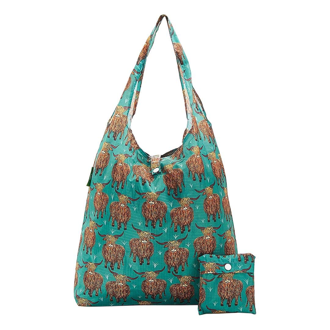 ECO CHIC Lightweight Foldable Reusable Shopping Bag Water Resistant Tote Bag (Highland Cow Teal) — image 1