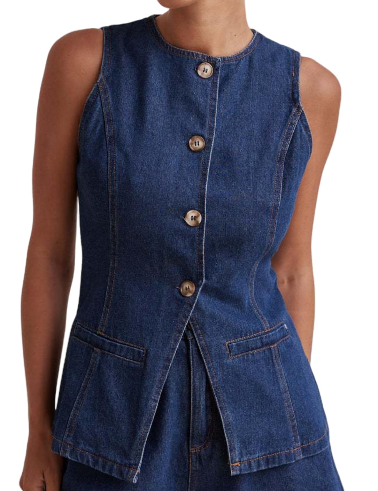 Photo 1 of (BAGGED) (USED/FAIR) Perbai Women's Crewneck Button Down Denim Vest Tank Top Slim Jean Waistcoat Jacket with Pockets(DarkBlue-L)