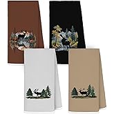 MKIJUHB Forest Mountain Moose Deer Kitchen Dish Towels, Gifts for Wildlife Deer Moose Lovers, Rustic Farmhouse Cabin Nature Wildflife Animal Decorative Hand Towels for Bathroom, 16x24 Inch Set of 4