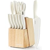 CAROTE 15Piece Knife Set, Kitchen Knife Block Set, Elegant White Ceramic-Coated Blades with Stylish Wooden Block for Modern Culinary Excellence