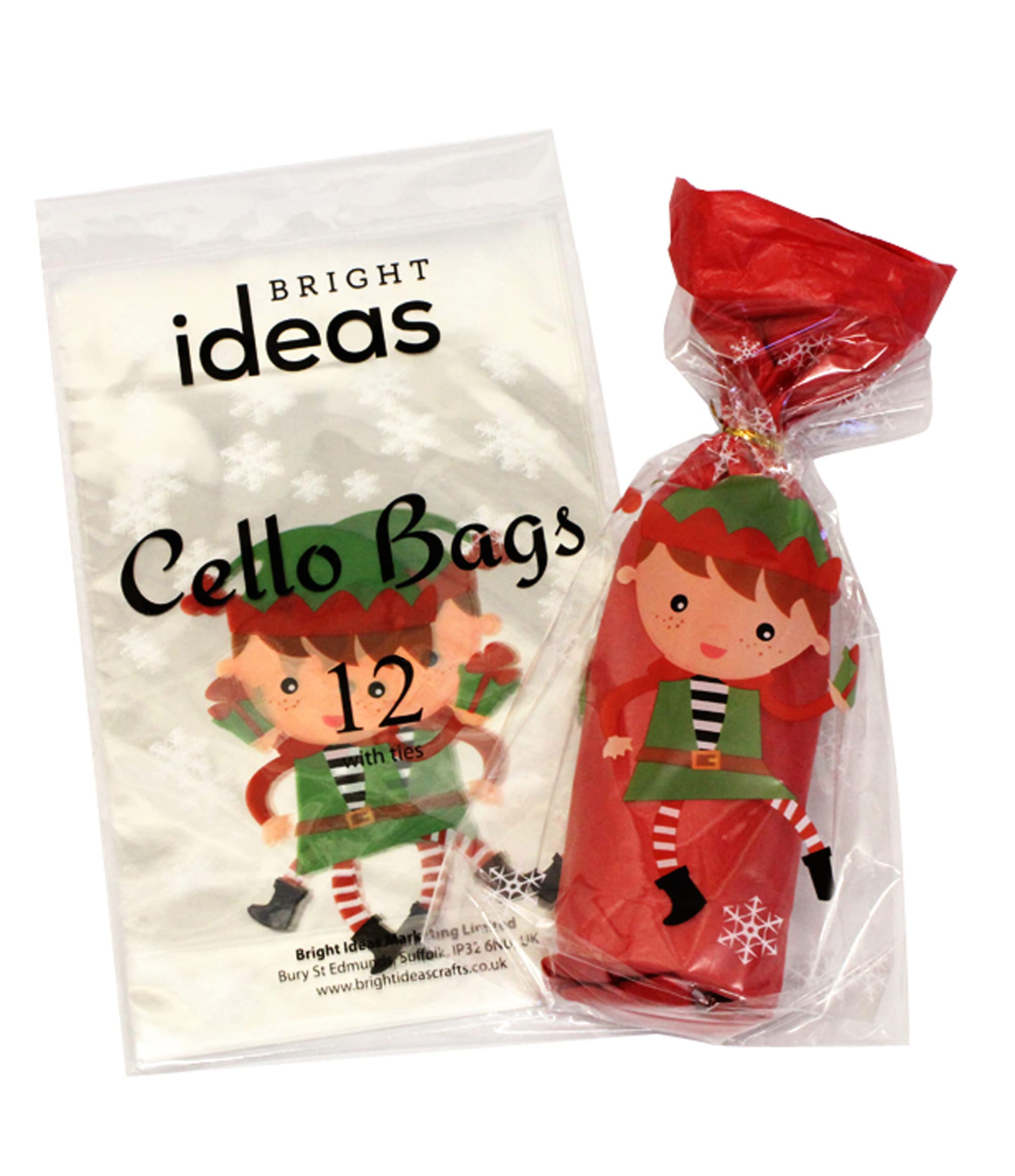 Bright Ideas Cellophane Bags Clear Sweet Party Gift Bags Christmas Elf 12 Pieces, 28cm x 18cm