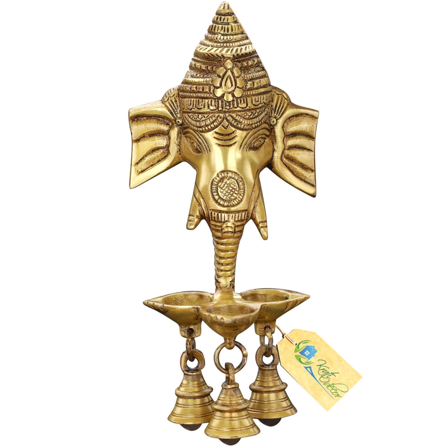Kratidecor Lord Ganesha Brass Wall Hanging for Home Decor Deepak/Diya with Bells (Yellow Antique)
