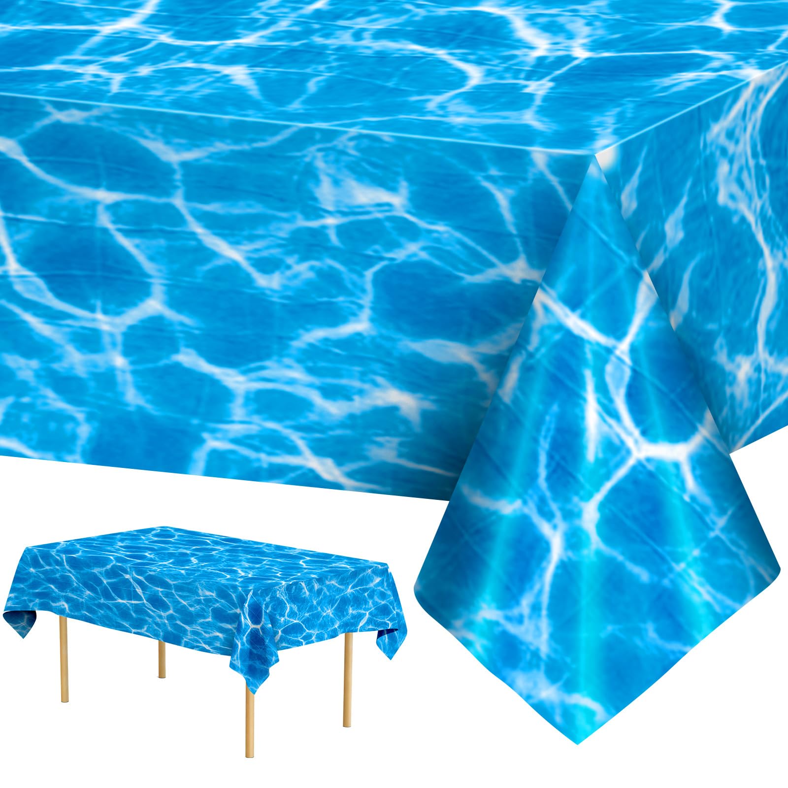 Photo 1 of 3 Pieces Ocean Tablecloth - Under The Sea Ocean Waves Table Cloths, Plastic Rectangle Blue Water Print Table Cover for Beach Pool Birthday Party Decorations Tables Decor Supplies Favors, 108 x 54 Inch
