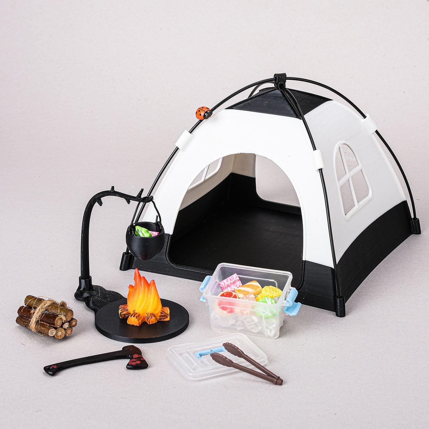 Photo 1 of 1:12 Miniature Doll Camping kit Includes Mini Fire Pit with Firewood and Tent, Diorama Prop, Model Collector's Kit Miniature Scene Layout Photography Props(Black)