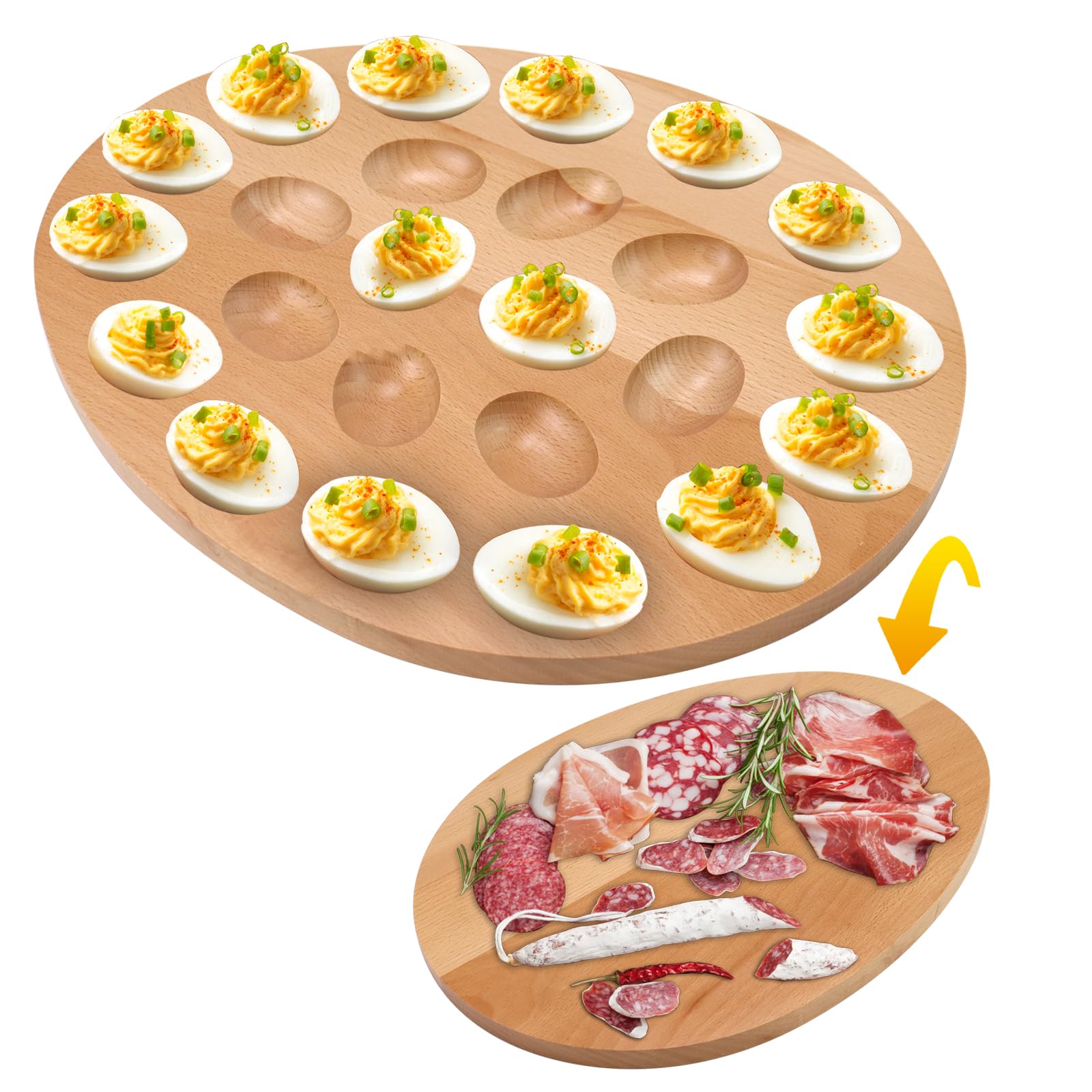 Photo 1 of 24 Holes Reversible Wood Deviled Egg Platter and Charcuterie Board, Deviled Egg Tray Countertop Refrigerator Egg Container for Easter, Thanksgiving, Christmas Home Parties & Kitchen Gatherings