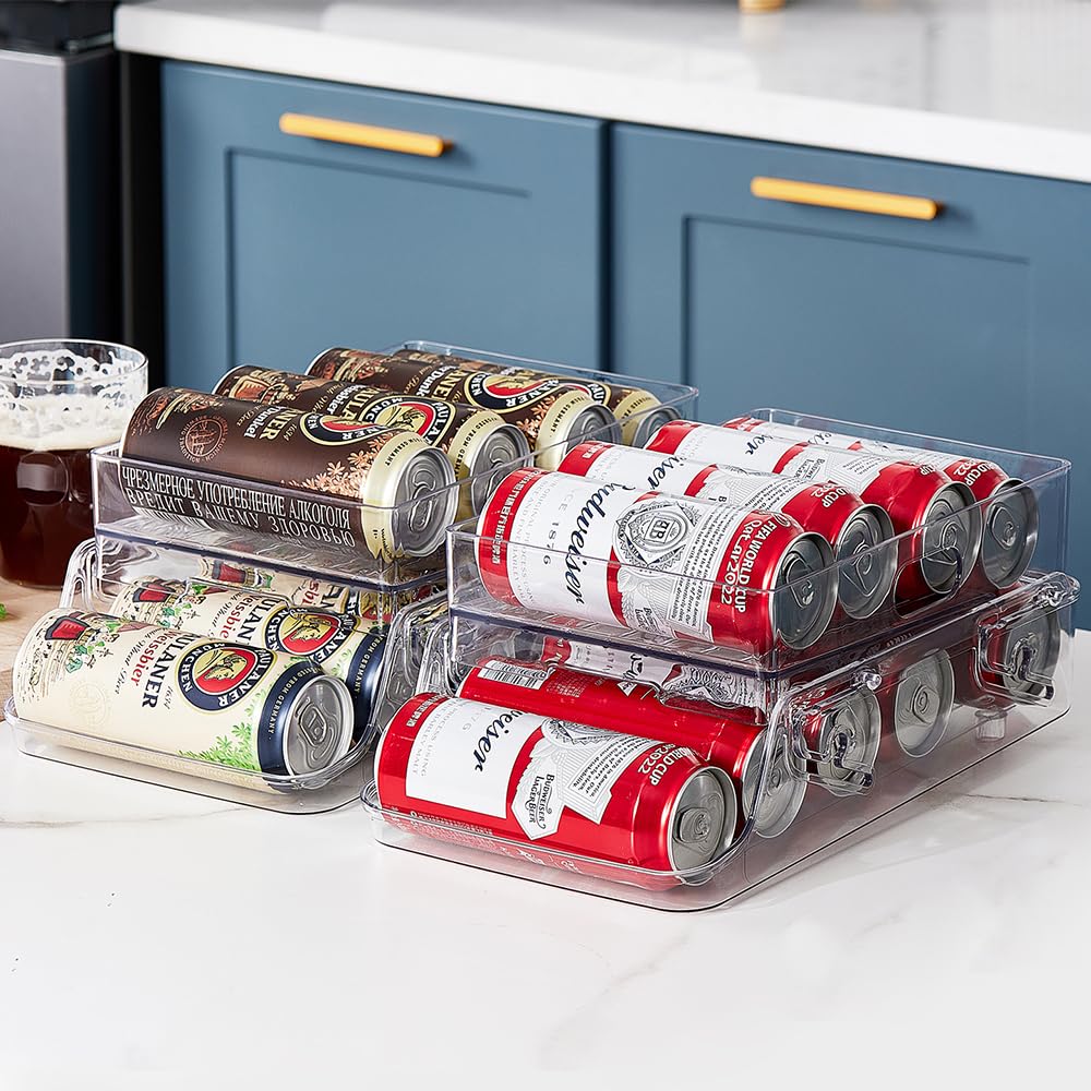 ROWNYEON Fridge Organisers Rolling Can Dispenser 2 Teir Foldable Beer Can Holder Fridge Soda Can Storage for Refrigerator Kitchen Cupboard Pantry Countertop,XL