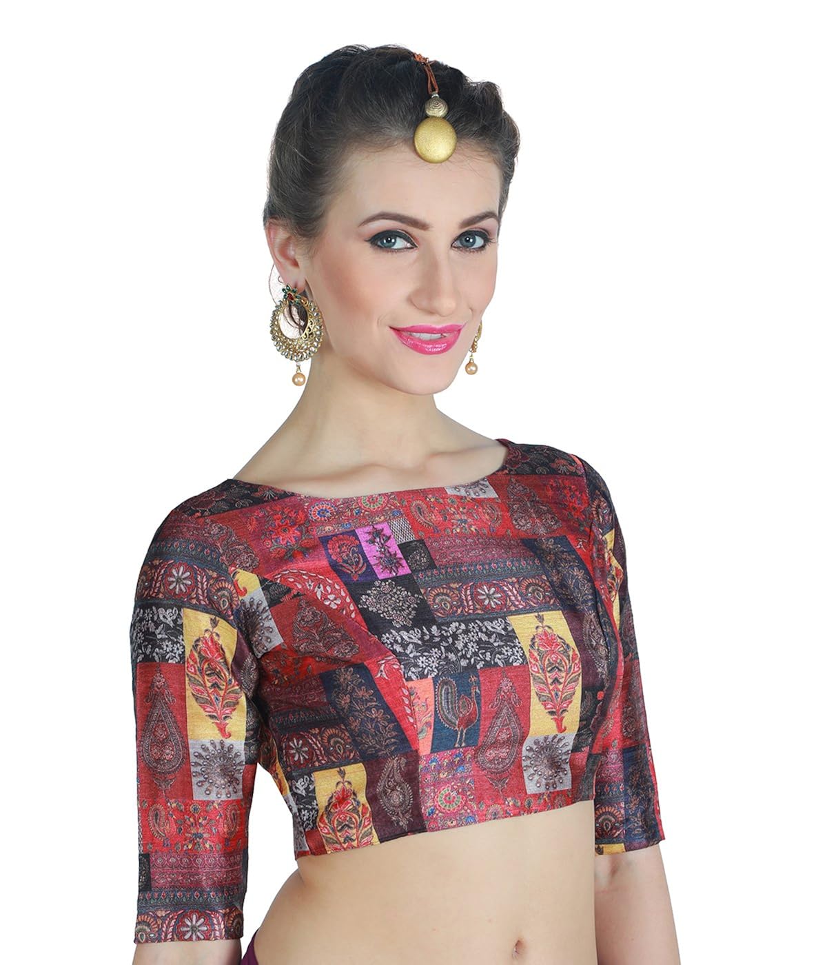 studio shringaar women's poly silk digital printed multi-colour saree blouse with boat neck.