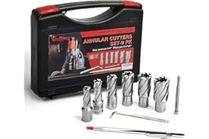 ANGELSWORD HSS Annular Cutter Set 9 Pcs, High Speed Steel, Cutting Depth 1" Cutting Diameter 1/2" to 1-1/16", Mag Drill Bits Kit for Magnetic Drill Press