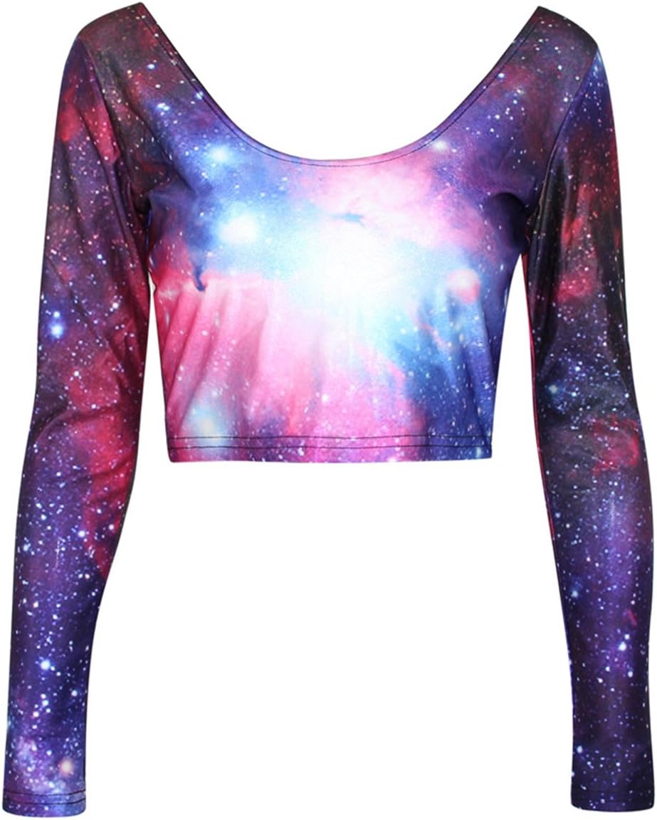 Erlking Women's Long Sleeve Galaxy Crop Top Crew Neck T Shirt Blouse Color Galaxy Purple Size OneSize