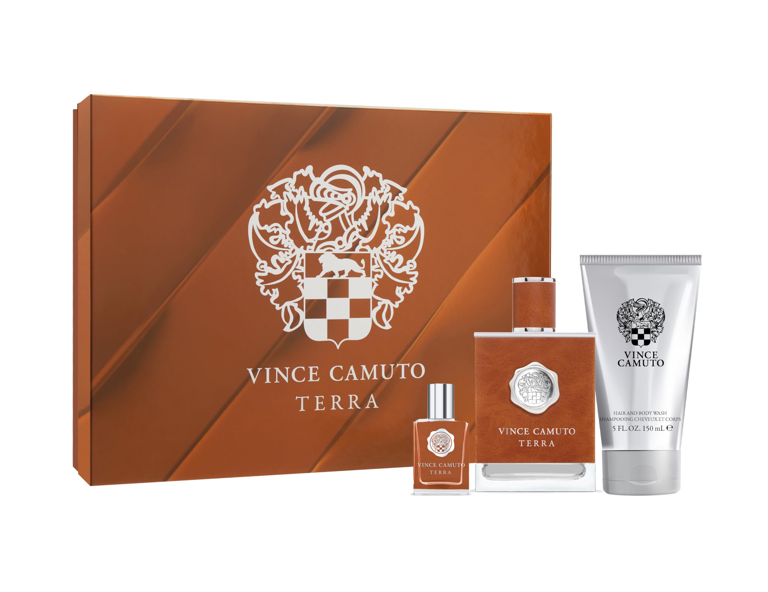 Vince Camuto Terra 3 PC Men’s Gift Set, Fresh, Woody, and Masculine Fragrance, Christmas Gift for Him, Includes Eau de Toilette 3.4 Fl Oz + Travel Size Mini 0.5 Fl Oz + 5 Fl Oz Hair & Body Wash