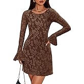 ZESICA Long Sleeve Mini Dresses for Women Spring Mesh Floral Crewneck Bodycon Wedding Guests Cocktail Party Short Dress