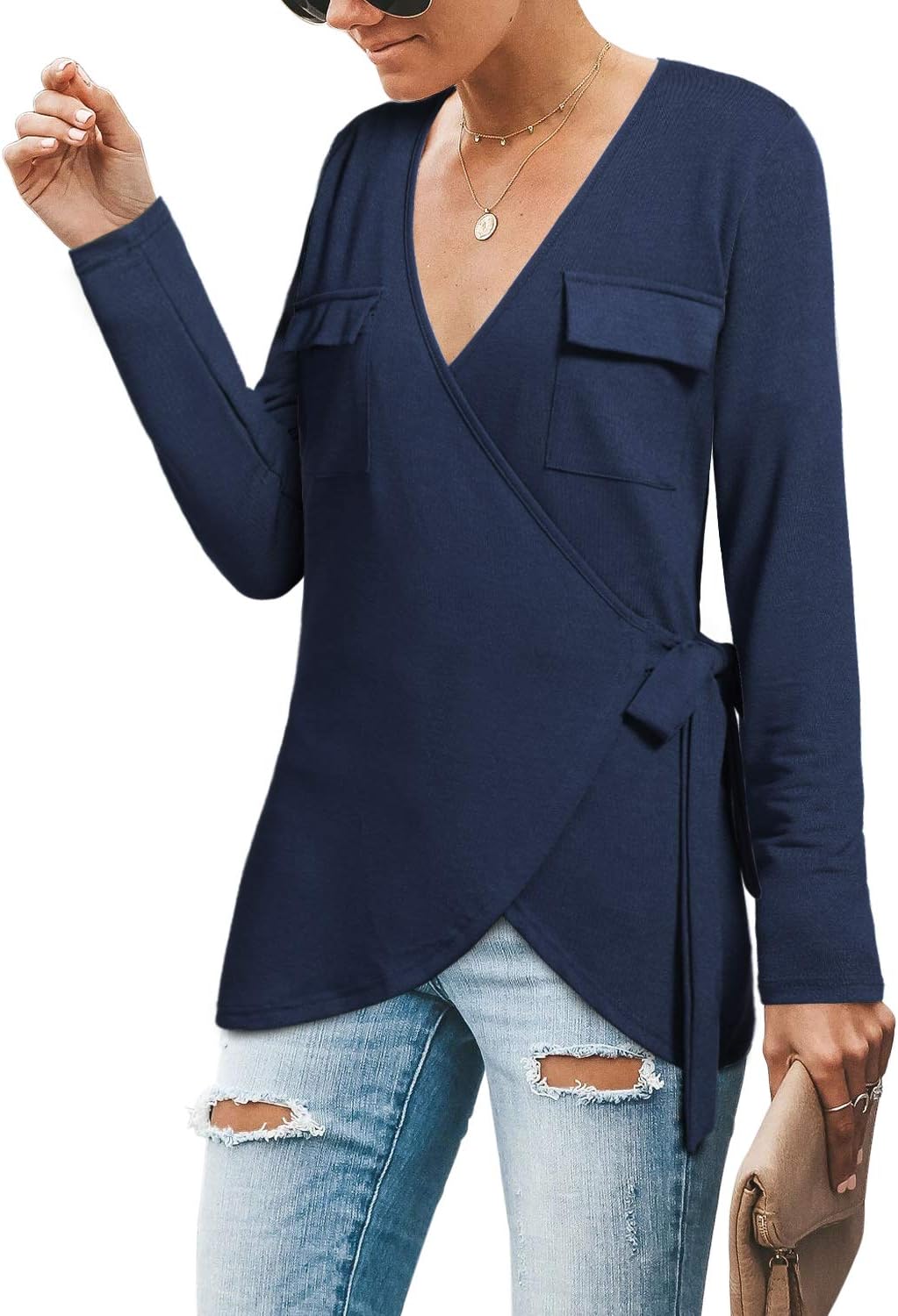 ULTRANICE Women Long Sleeve Wrap Blouse Tops Tie Waist Shirt