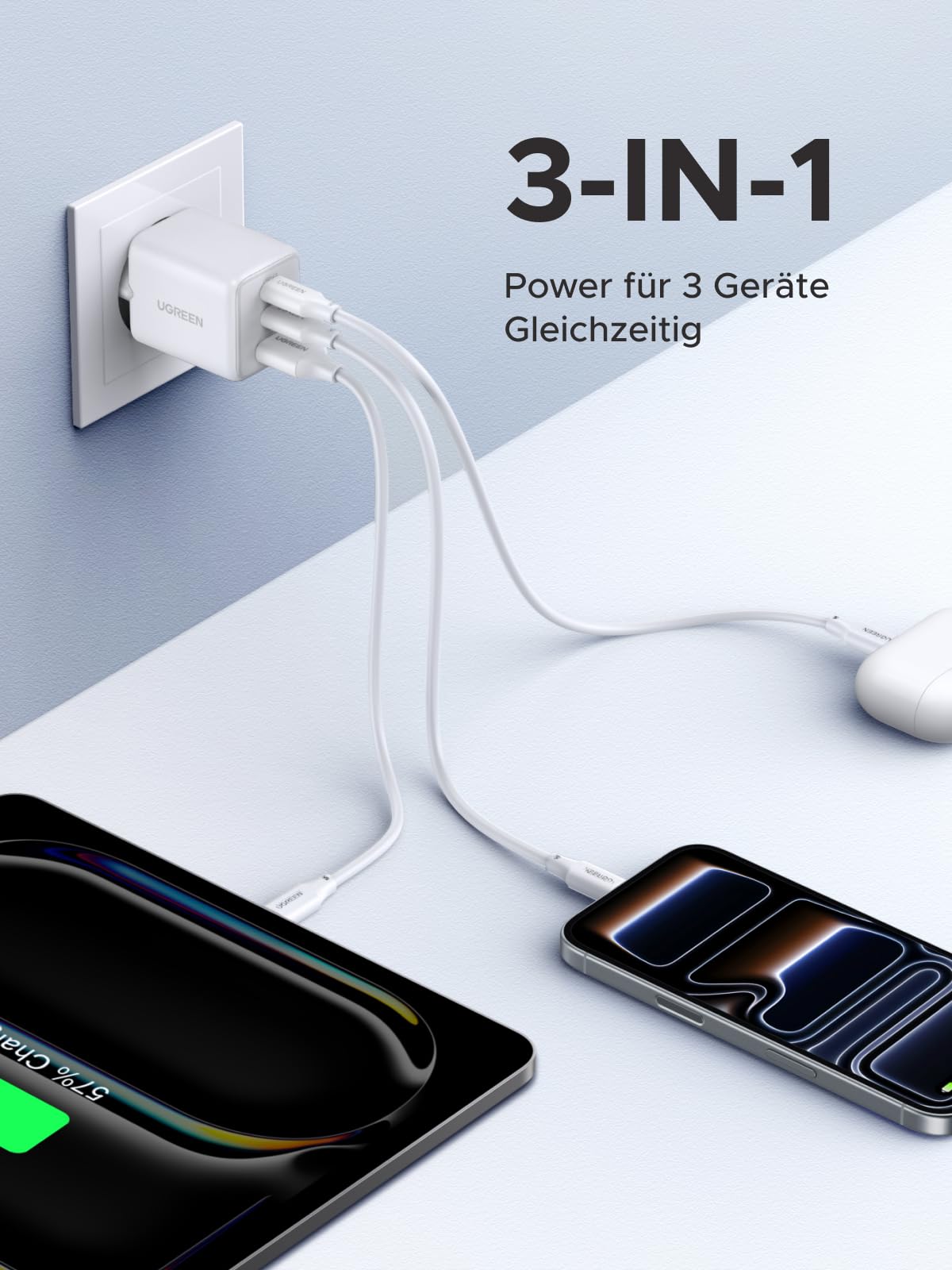 UGREEN USB C Ladegerät 30W 3-Port GaN II Netzteil PD Schnellladegerät Kompatibel mit iPhone 17, 17 Pro Max, Air, 16, 15, 14, 13, 12, iPad, Galaxy S25, S24, S23, Pixel 9 (Weiß) 3