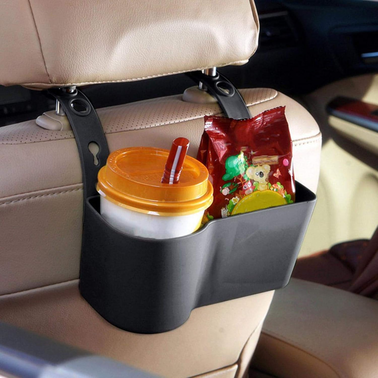 Car Headrest Food and Drink Cup Holder, Classic Black Cup Tray Organizer Portable, Seat Back Adjustable Cup Rack