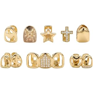 ETZRUNO 8 PCS Gold Teeth Grillz, Reusable Fake Tooth Grill Caps Set with Molding Bars, Dental Jewelry for Men Women, Hip Hop