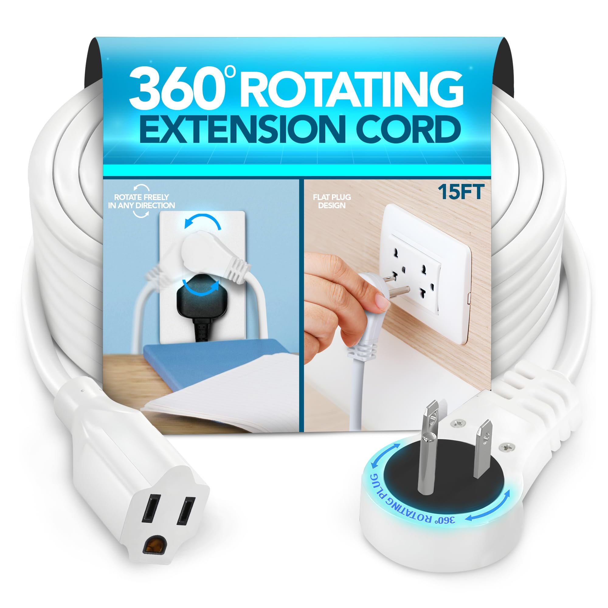 Photo 1 of ELECTERY 360 Degree Rotating Flat Plug Extension Cord – Flat Plug Power Strip Plug Extension Outlet – White Extension Cord with Flat Wall Plug – Power Cord Extension for Home, Office – 15 Ft