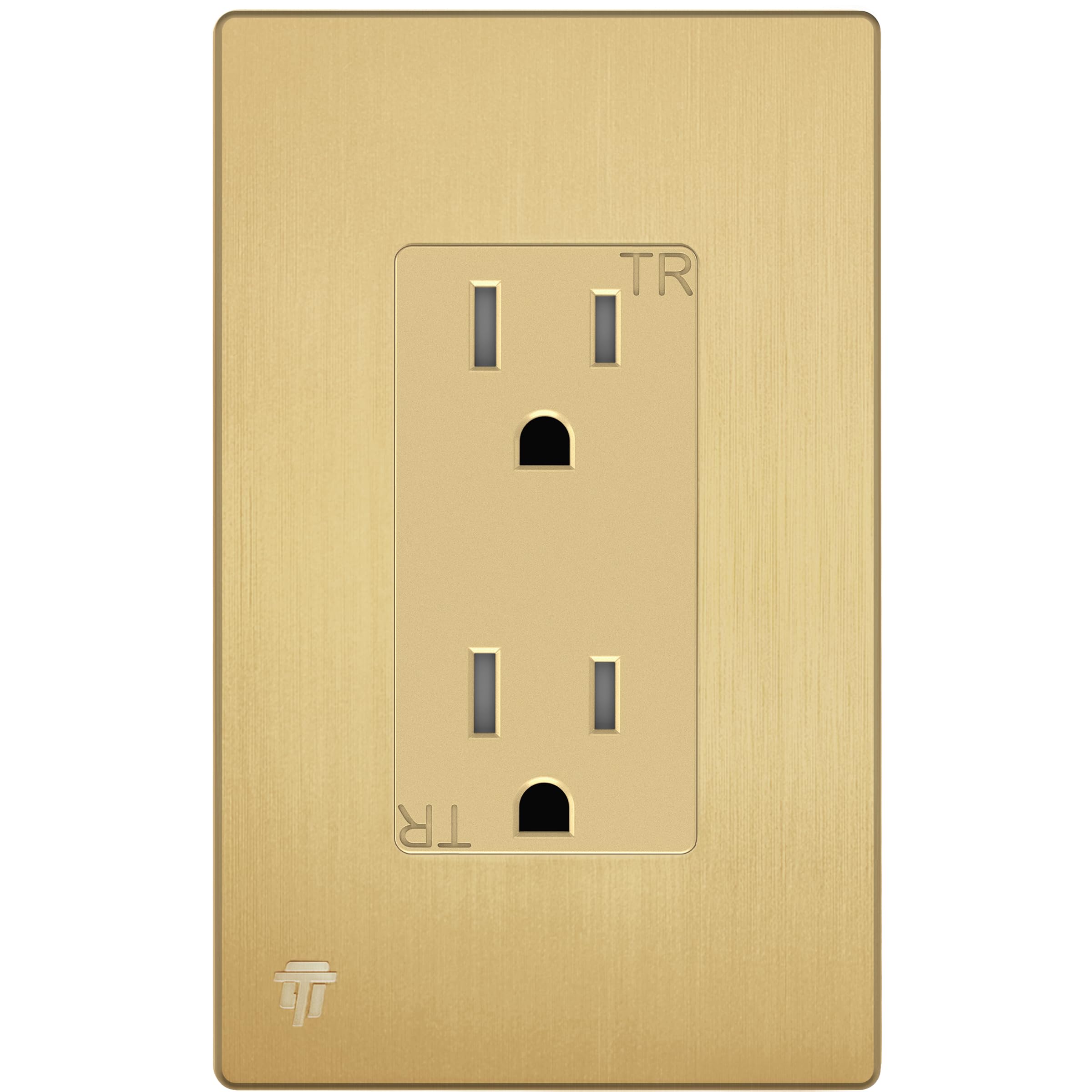 Photo 1 of ENERLITES Elite Series Decorator Receptacle Outlet Child Safe Tamper-Resistant, Gloss Finish, Self-Grounding, Residential Grade, 15A 125V, 61501-TR-GDWBP, Brushed Gold With Plate