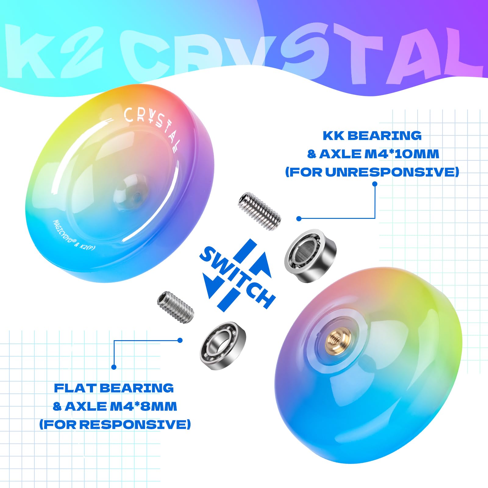 Responsive Yoyo for Kids Beginners, Professional Yo yo Crystal K2, Dual Purpose Yo-Yo for Adults + Extra Unresponsive Yo Yo Bearing + 12 YoYo Strings + Storage Bag ( Yellow Pink Blue Gradient)