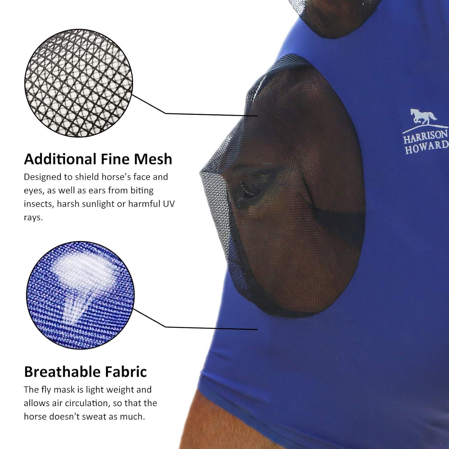 Harrison Howard Super Comfort Stretchy Fly Mask Large Eye Space with UV Protection Soft on Skin with Breathability-Navy Blue - Image 3