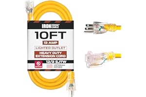 Iron Forge Cable 10 Foot Lighted Outdoor Extension Cord - 12/3 SJTW Heavy Duty Yellow Extension Cable with 3 Prong 15 AMP Grounded Plug for Safety