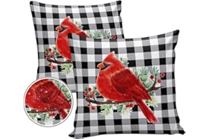 Vandarllin Christmas Outdoor Throw Pillows Covers 18X18 Set of 2 Waterproof Red Cardinals Decorative Zippered Lumbar Cushion Covers for Patio Furniture, White Black Buffalo Check Plaid